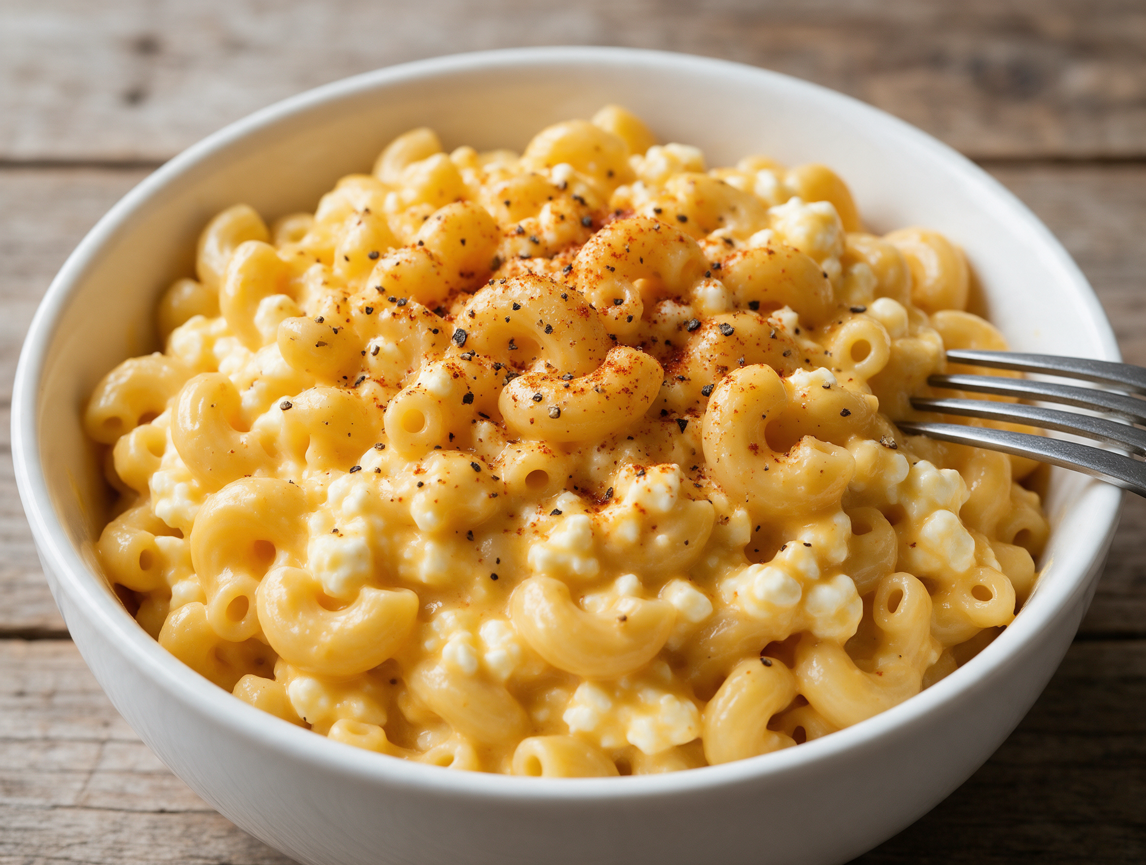 Overhead view of creamy cheddar macaroni in a white bowl topped with cracked pepper on a wooden table