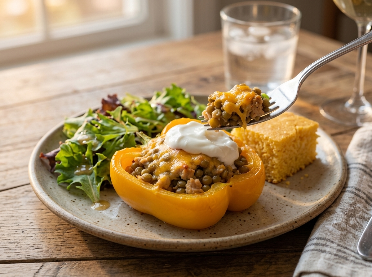 Plated pepper beside green salad and cornbread on a set table with a spoonful of Greek yogurt