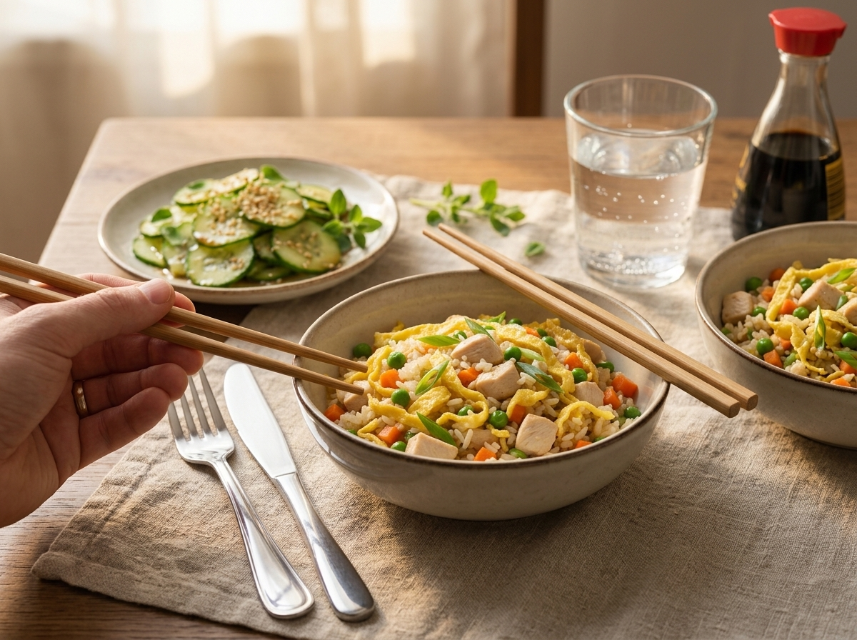 Two bowls with chopsticks, a cucumber salad and a glass of water on a linen-covered kitchen table