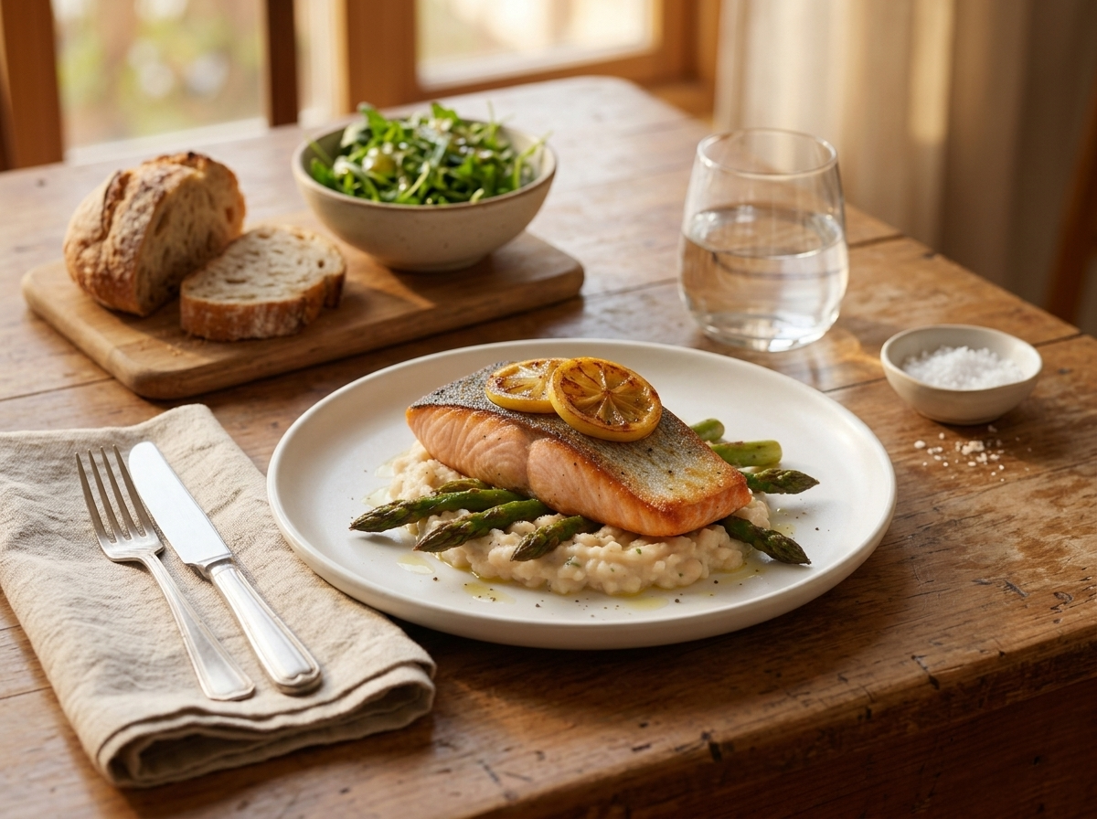 Family dinner table by a window with plated salmon over bean mash, an arugula bowl, sliced bread, and water glasses