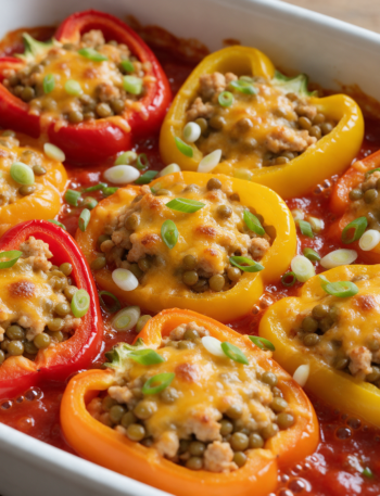 Eight stuffed pepper halves with browned cheddar on tomato sauce in a white baking dish