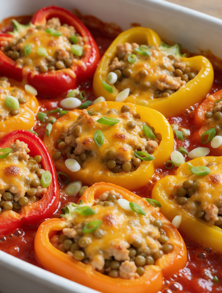 Eight stuffed pepper halves with browned cheddar on tomato sauce in a white baking dish