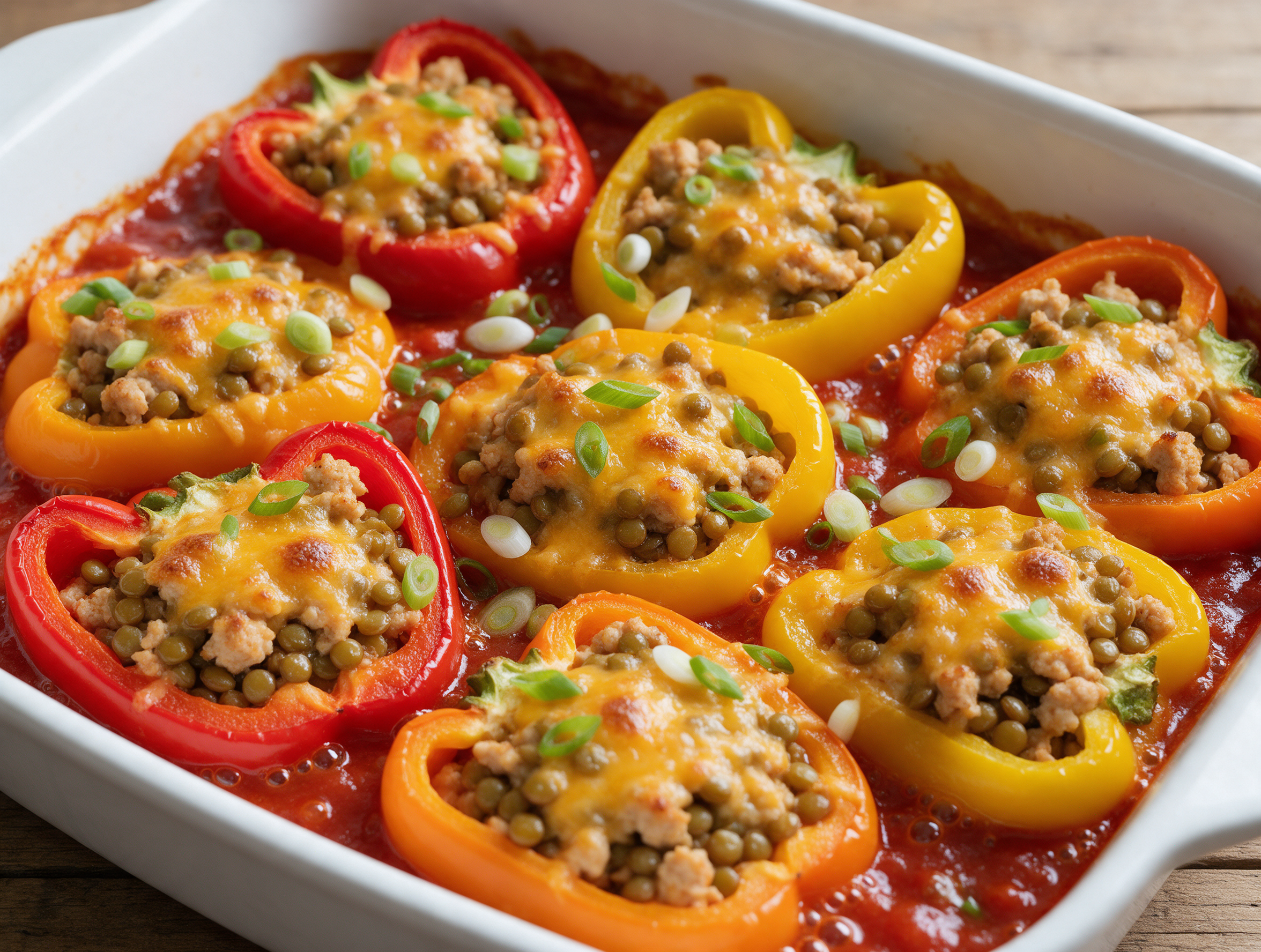 Eight stuffed pepper halves with browned cheddar on tomato sauce in a white baking dish