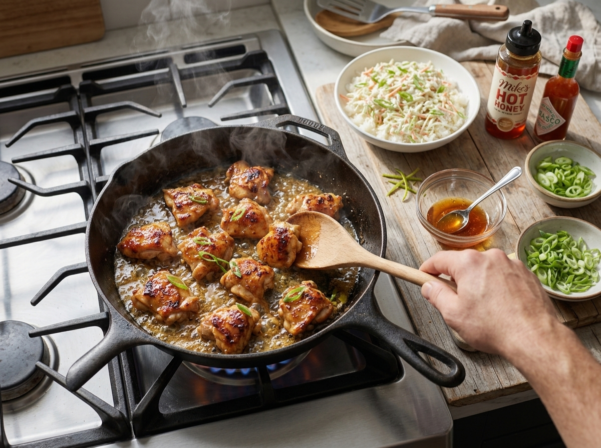 Chicken pieces turning sticky in bubbling amber glaze inside a cast-iron skillet as a wooden spoon stirs