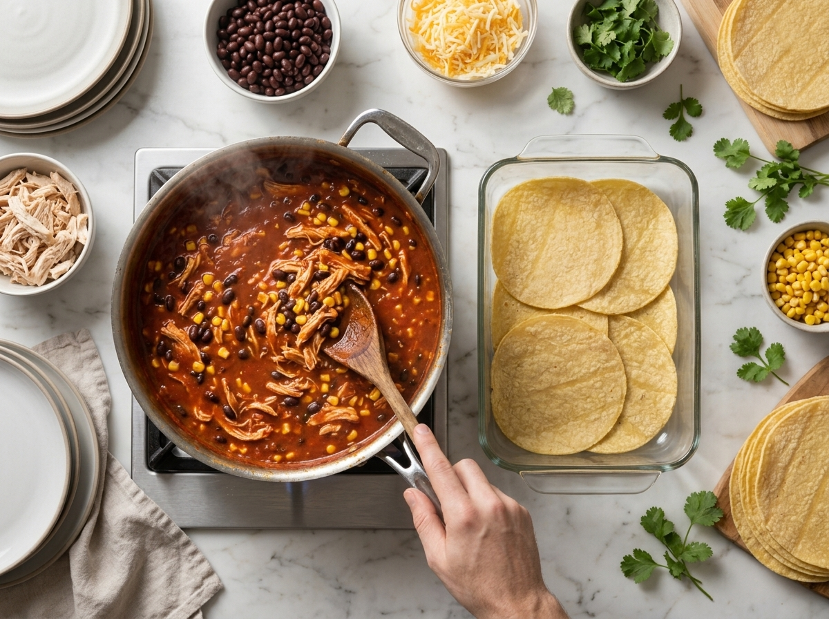 Shredded chicken stirred into thick red enchilada sauce in a saucepan before layering over corn tortillas