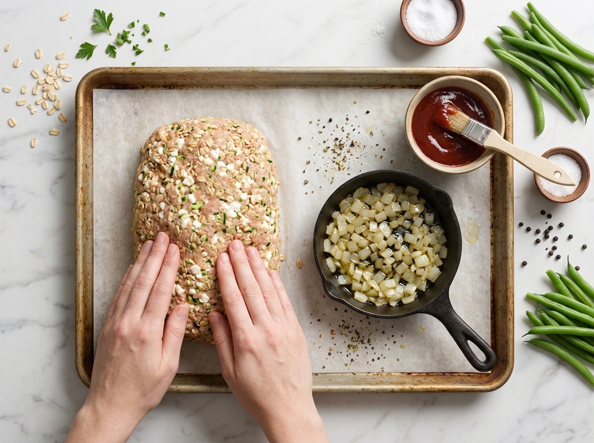 Hands shaping a soft turkey, cottage cheese and oat mixture into a loaf on a parchment-lined sheet pan