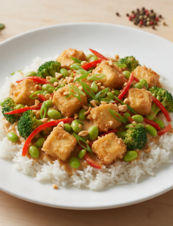 Crispy tofu cubes, broccoli and edamame glazed in peanut sauce over jasmine rice in a white bowl