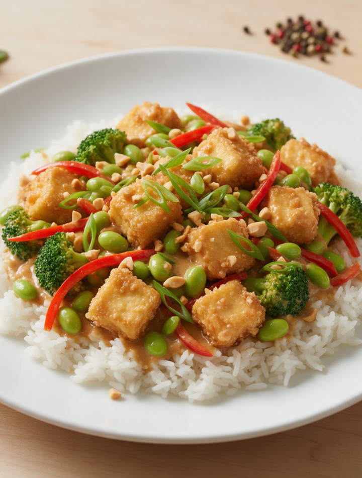 Crispy tofu cubes, broccoli and edamame glazed in peanut sauce over jasmine rice in a white bowl