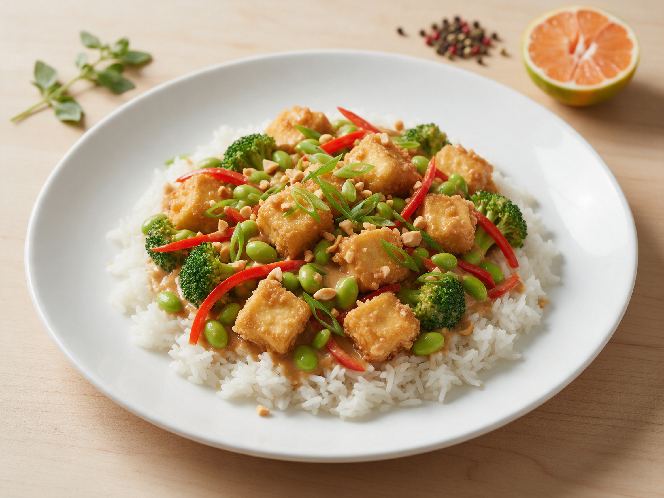 Crispy tofu cubes, broccoli and edamame glazed in peanut sauce over jasmine rice in a white bowl