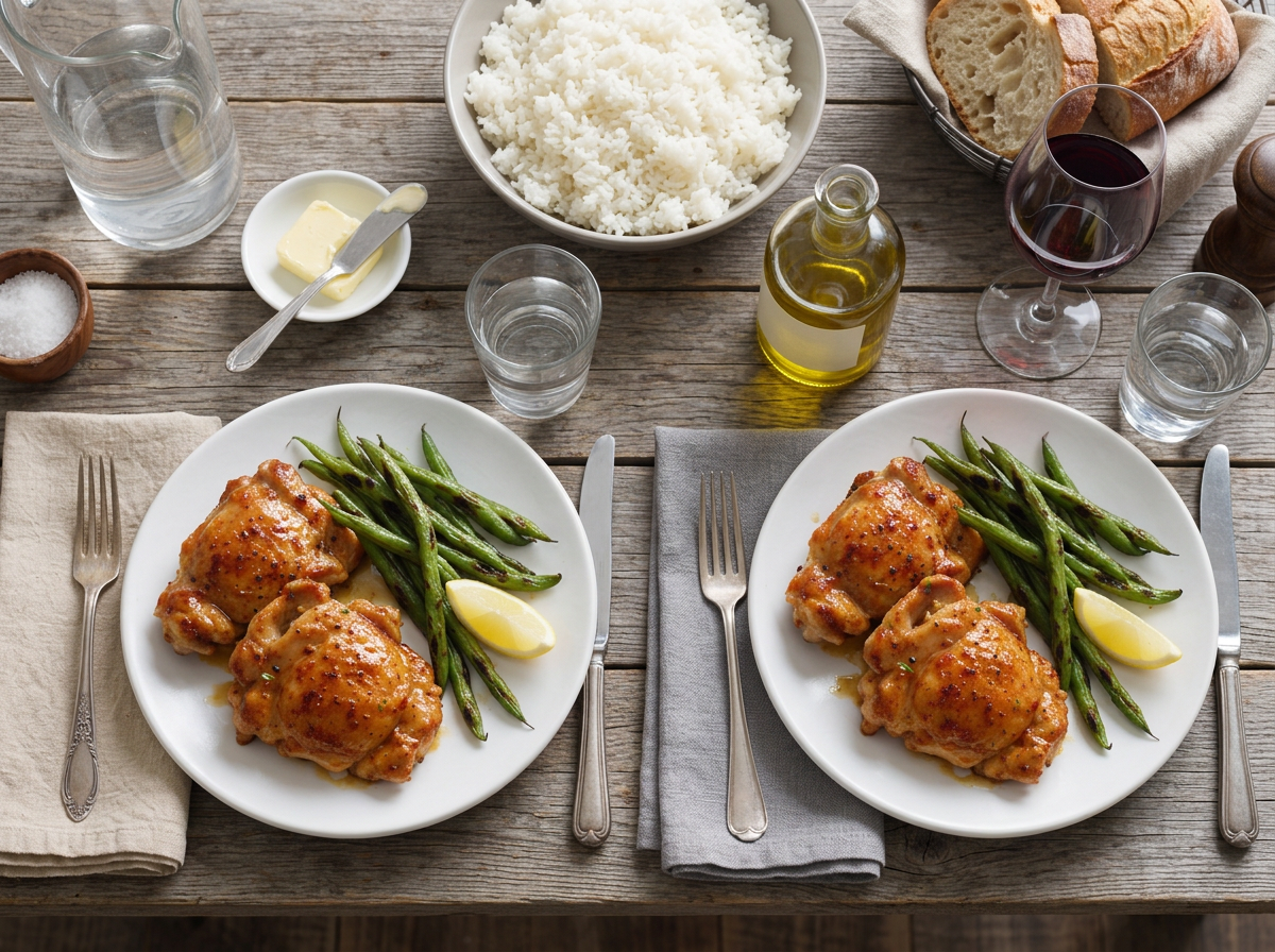 Family dinner table set with two filled plates, a bowl of white rice, water glasses and linen napkins in evening light