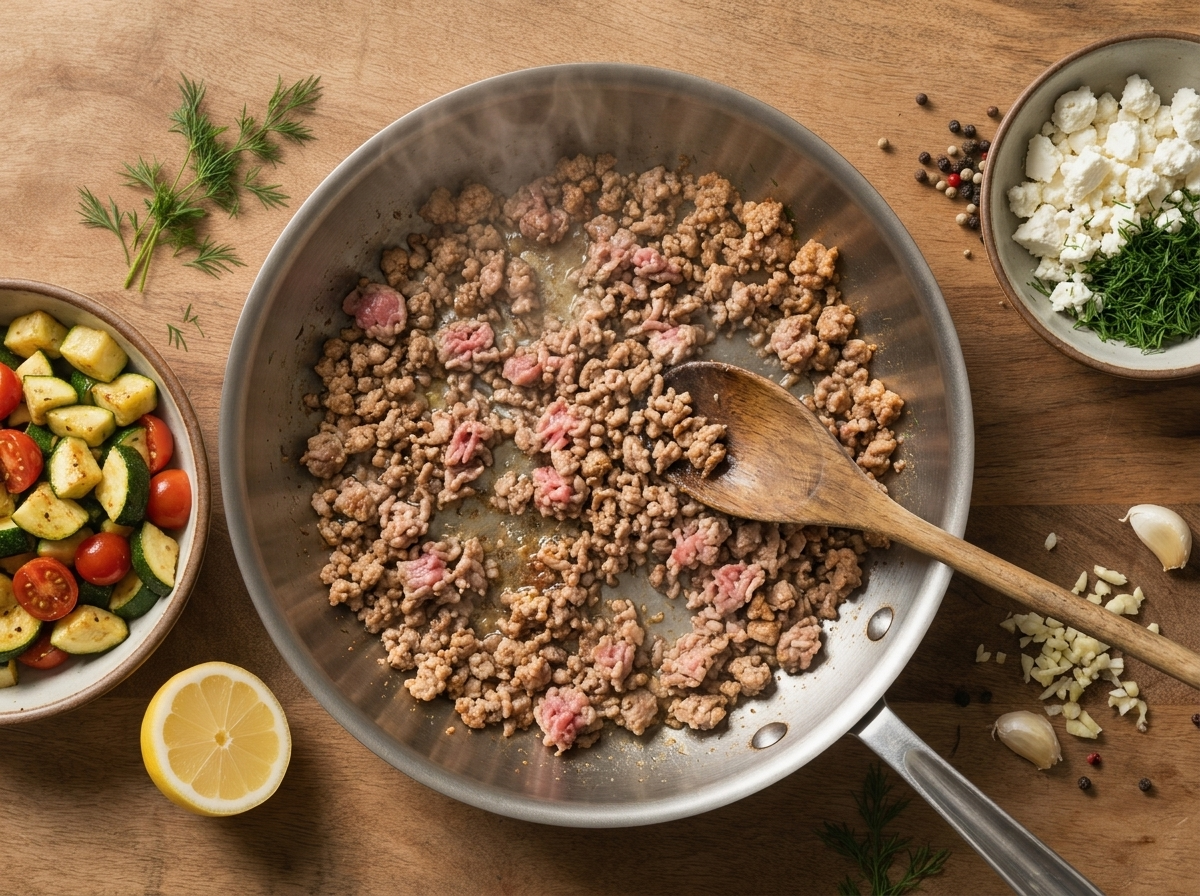 Ground turkey browning in a stainless pan as a wooden spoon breaks it into crumbles beside sliced onion